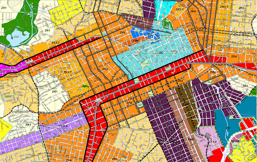 Mapa de zoneamento urbano com áreas residenciais comerciais e industriais destacadas