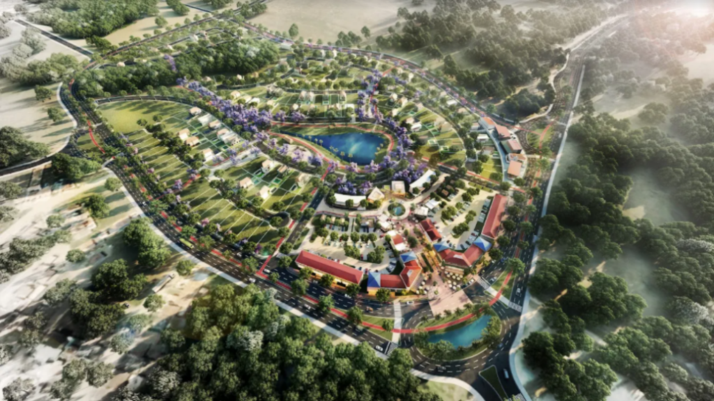 Vista aérea de loteamento moderno com ruas planejadas e infraestrutura urbana