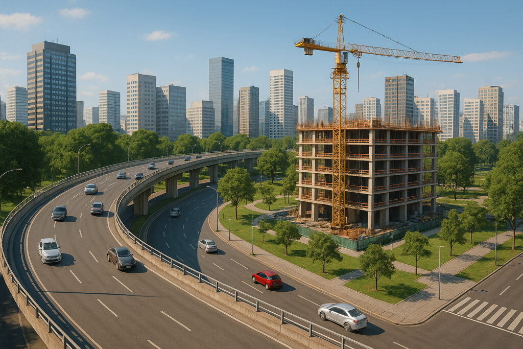 Infraestrutura urbana moderna com vias organizadas e crescimento urbano planejado