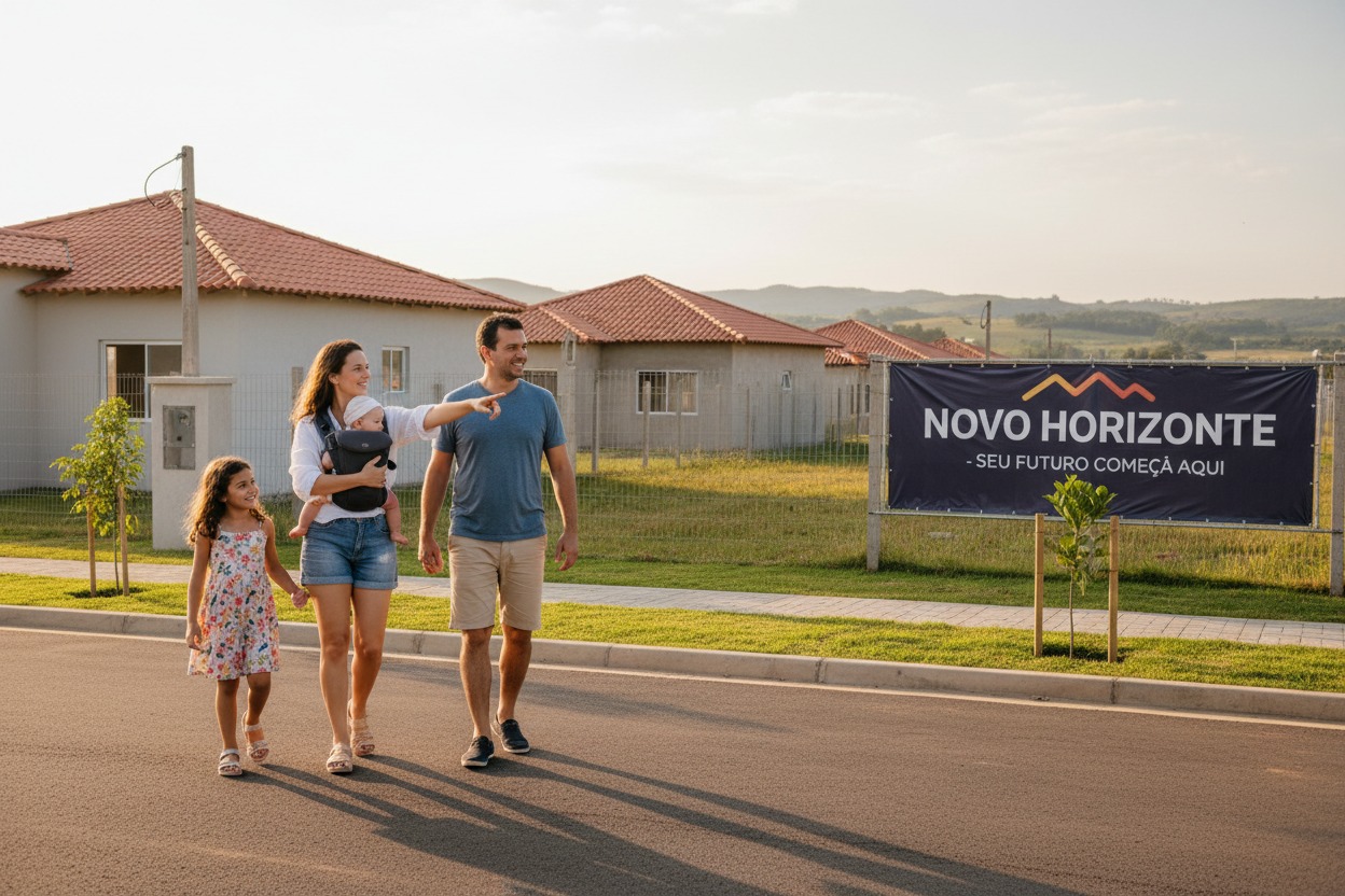 Família escolhendo terreno em loteamento