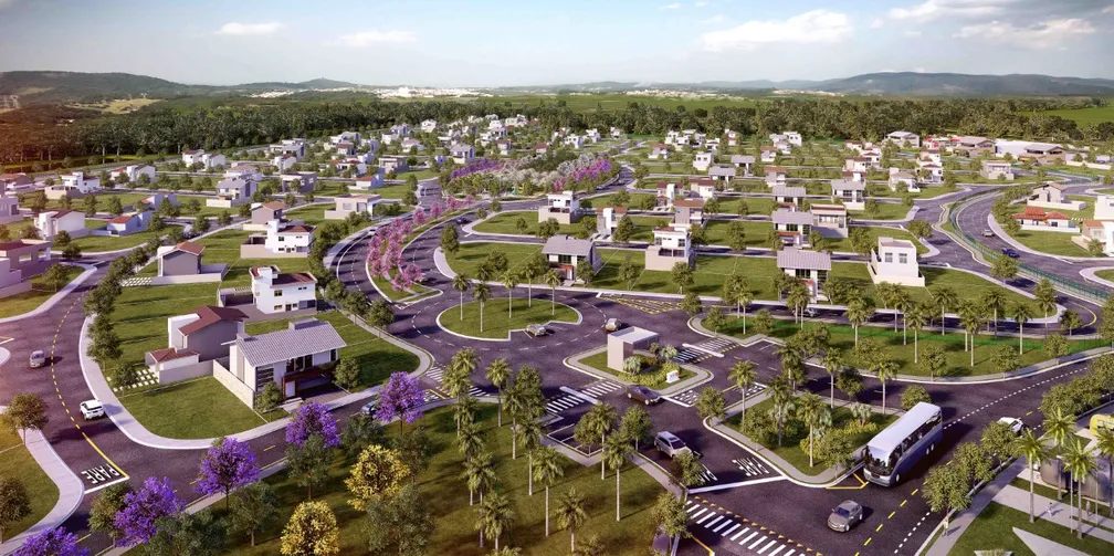 Loteamento urbano planejado com ruas organizadas e infraestrutura residencial